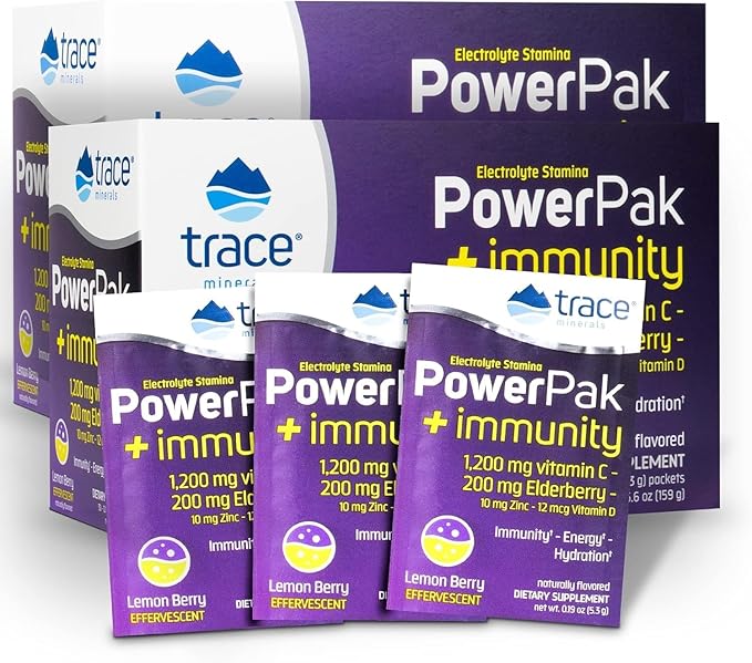 Trace Minerals | Power Pak Electrolyte + Immunity Boost Drink Packets | 1200 mg Vitamin C, Elderberry, Zinc, D3, B6, B12 | Immunity, Hydration, & Energy Support | Fizzy Lemon Berry | 60 Packets