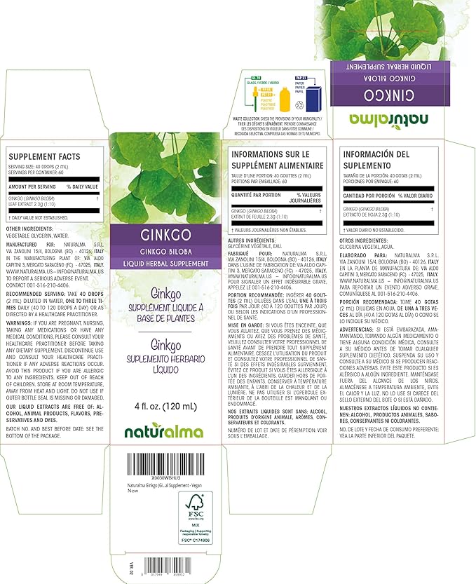 Naturalma Ginkgo (Ginkgo biloba) Leaf Alcohol-Free Tincture - 4 fl oz Liquid Extract in Drops - Herbal Supplement - Vegan