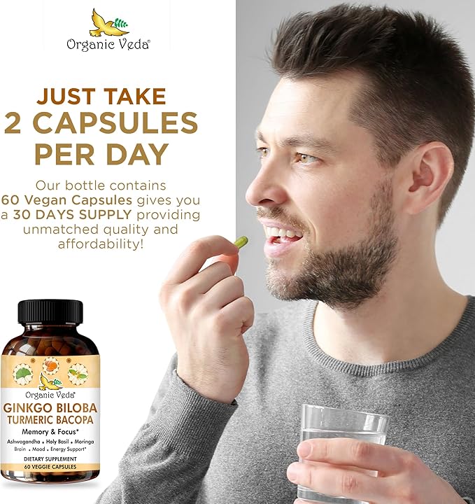 Organic Veda Ginkgo Biloba Turmeric Bacopa Brain Supplement for Memory, Mood & Focus with Ashwagandha - Concentration, Energy & Brain Booster, Healthy Joints & Circulation Support - 60 Vegan Capsule