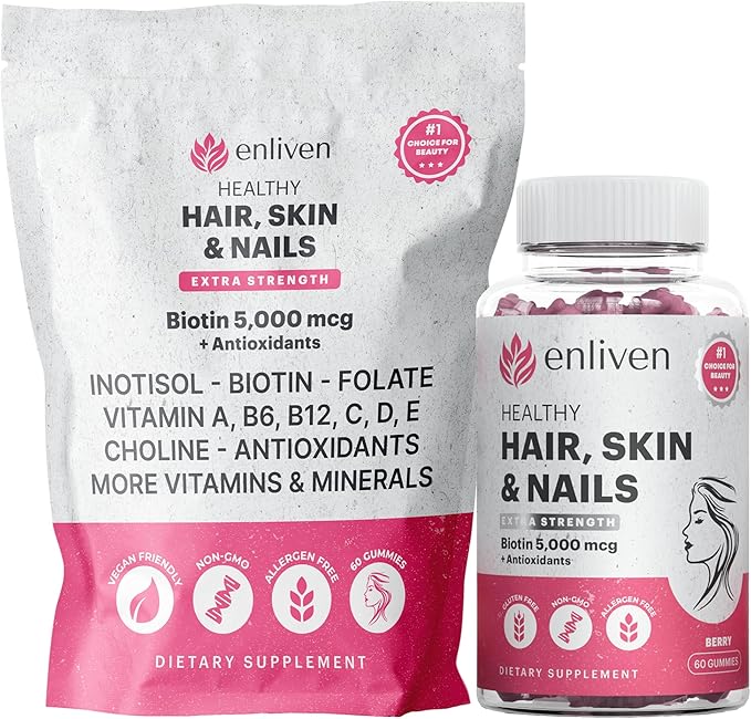 enliven Biotin Hair Skin and Nail Vitamins | Biotin Gummies 5000mcg + for Hair Growth, Skin Care, and Stronger Nails | Berry Flavor (60 Gummies)