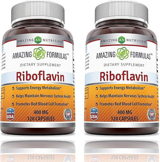 Amazing Formulas Riboflavin 400 mg Capsules | Vitamin B2 Supplement | Non-GMO | Gluten Free | Made in USA (120 Count | 2 Pack)