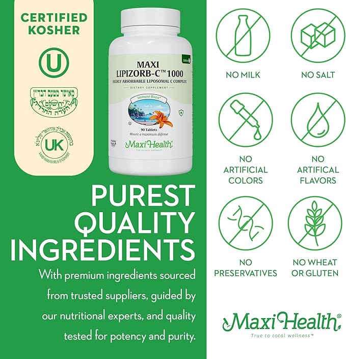 Maxi Health Liposomal Vitamin C 1000mg Tablets with Digestive Blend, Highly Absorbable High Dose VitaminC, Non GMO Kosher Vegetarian Doctor-Formulated Immune Support Supplement (90 Count)