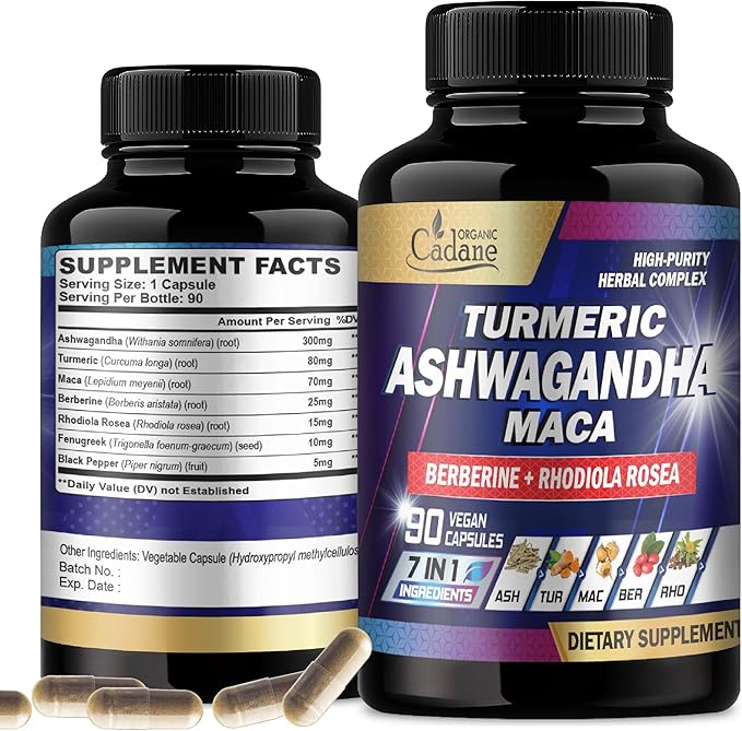 Organic Cadane Ashwagandha Supplements - Memory, Immune System & Strength Support - 7in1 Concentrated with Turmeric, Maca Root, Berberine & More - 90 Vegan Capsules for 3-Month Supply