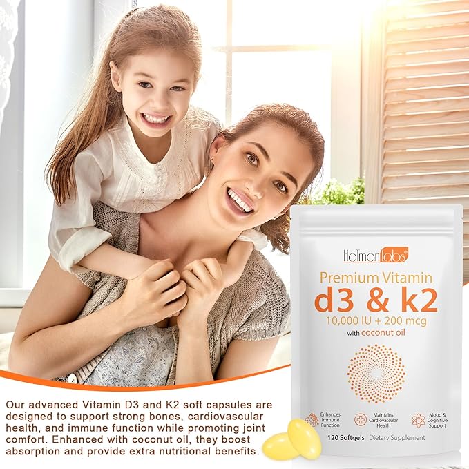 Vitamin D3 K2,D3 K2 Vitamin Supplement,Vitamin D3 and K2,D3 K2 Vitamin Supplement,Replenish Vitamin D3 K2 Coconut Oil Softgels (120)
