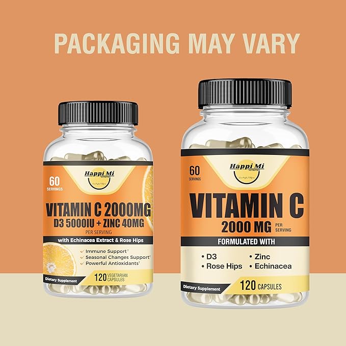 Vitamin C 2000MG, Zinc 40 mg, Vitamin D3 5000 IU, Echinacea Extract, Rose Hip, Immune Support for Adults & Kids, Immune Booster,120 Vegan Caps, 60 Day Supply, Non GMO, No Filler