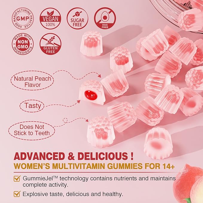 Sugar-Free Women's Multivitamin Gummies - Women Methylated Multivitamin Filled Gummies with Omega-3, Enzymes & Antioxidant Blend to Support Overall Health, Immunity, Hair, Nails & Skin Health - 60 ct
