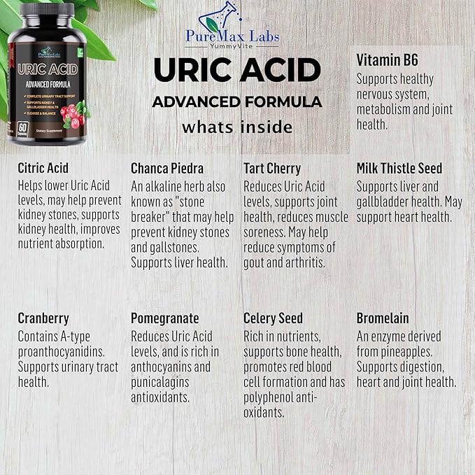 Uric Acid Advanced Formula – Kidney, Liver, Gallbladder, Urinary Tract Cleanse with Cranberry, Chanca Piedra, Tart Cherry, Milk Thistle and Bromelain 60 Capsules