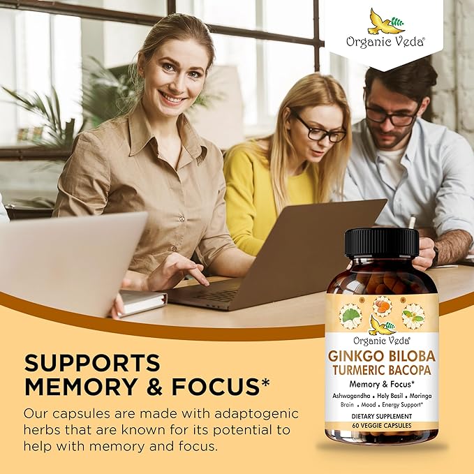 Organic Veda Ginkgo Biloba Turmeric Bacopa Brain Supplement for Memory, Mood & Focus with Ashwagandha - Concentration, Energy & Brain Booster, Healthy Joints & Circulation Support - 60 Vegan Capsule