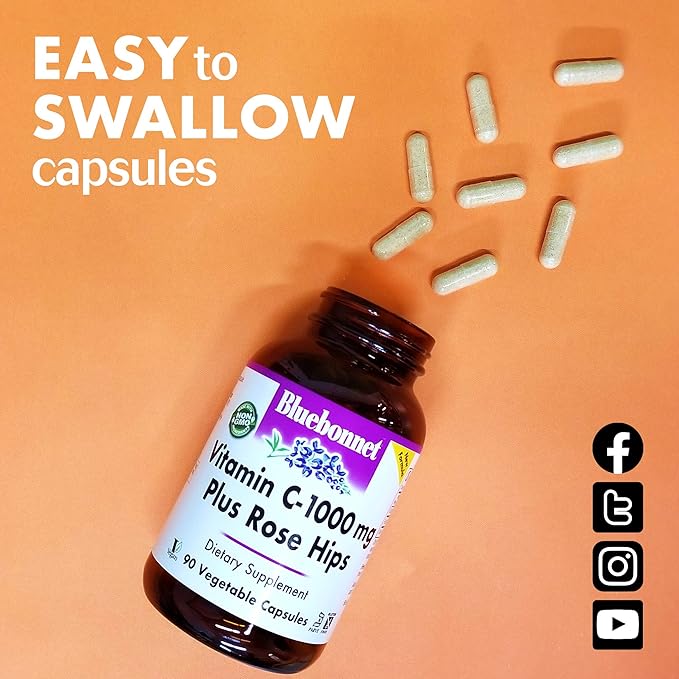 Bluebonnet Nutrition Vitamin C-1000 mg Plus Rose HIPS Vegetable Capules, for Immune Health, for Antioxidant Protection, Soy Free, Gluten Free, Non-GMO, Kosher, Dairy Free, Vegan, 90 Count