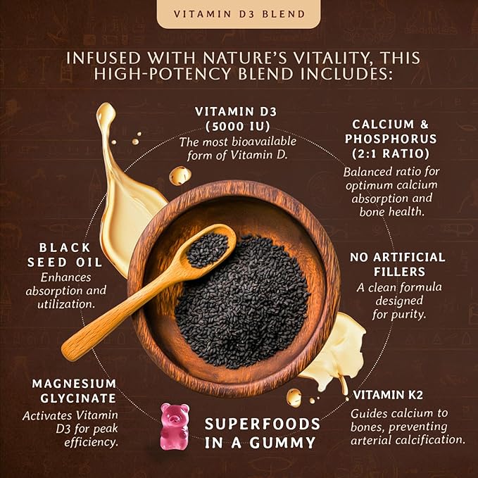 Vitamin D3 5000 IU Sugar Free Gummies with Black Seed Oil - Supports Bone, Muscle, Cardiovascular & Immune Health - Chewable Vitamin D - USA Made