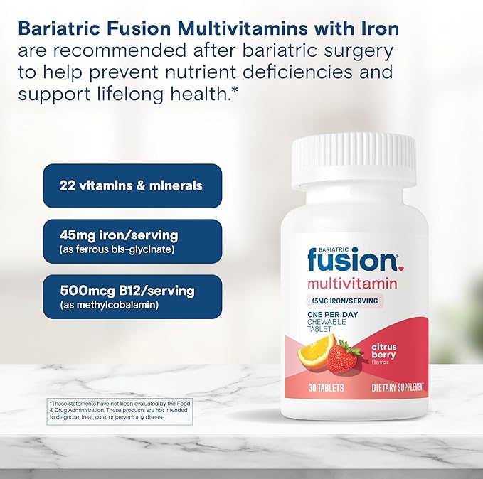 Bariatric Fusion One Per Day Bariatric Multivitamin with Iron Chewable | Citrus Berry Flavor | Vitamins for Gastric Bypass and Sleeve Gastrectomy | Non-GMO | 30 Count
