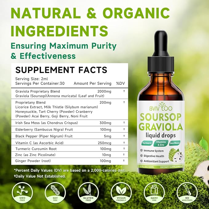 2 Pack Soursop Graviola Liquid Drops - 2000mg Pure Soursop Extract Blended with 300mg Sea Moss & 100mg Elderberry - Powerful Cell Support, Antioxidant-Rich, Immune-Boosting - 4 Fl Oz (120ml) Bottle