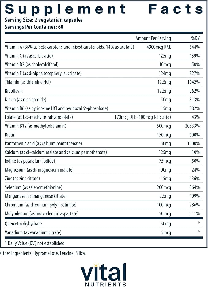 Vital Nutrients Multi-Nutrients 5 Ultra Antioxidant Formula | Boron, Copper, and Iron Free | Vegetarian Daily Multivitamin and Mineral | Gluten, Dairy, Soy Free | Non-GMO | 120 Capsules