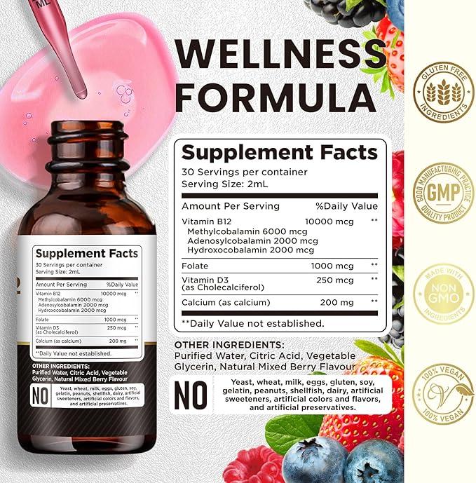 Vitamin B12 Complex 10000 mcg | Vegan Triple Liquid B-12 Drops Sublingual Supplement | Methylcobalamin & Adenosylcobalamin & Hydroxo Blend for Long-Lasting Energy and Healthy Metabolism Berry Flavor