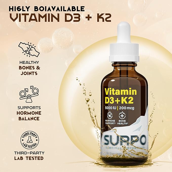 SURPO Vitamin D3 + K2 Liquid Drops with Omega 3 Oil - 5000 IU Vitamin D Drops K2 for Hormone Support & Bone Health - Liquid Vitamin D3 with K2 Drops for Maximum Absorption - 2Fl Oz Vitamin K2 D3