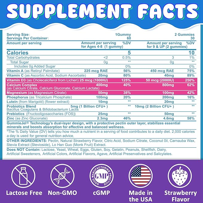Sugar Free Vitamin C + D3 + Zinc Gummies for Adults 50+ & Calcium + D3 & Magnesium Filled Gummies for Kids 4+