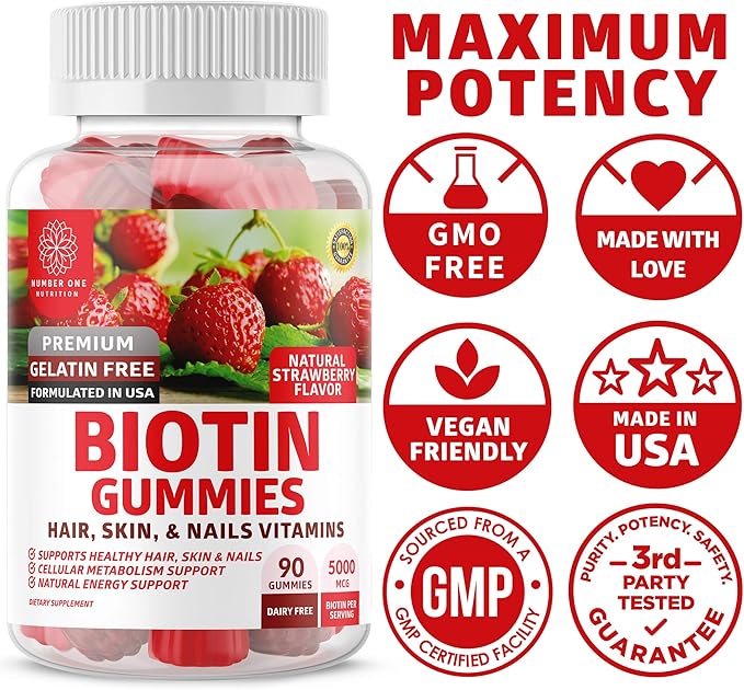 Number One Nutrition N1N Premium Biotin Gummies 5000mcg [High Potency, 90 Gummies] for Healthy Hair, Skin and Nails for Adults and Kids, Vegan, Non-GMO, Pectin Based