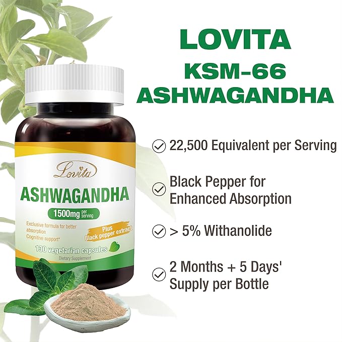 Lovita KSM-66 Ashwagandha | Highly Concentrated | 5% Withanolide | 95% Black Pepper Piperine | Stress Relief & Energy Support | Vegan, Gluten Free | 130 Capsules