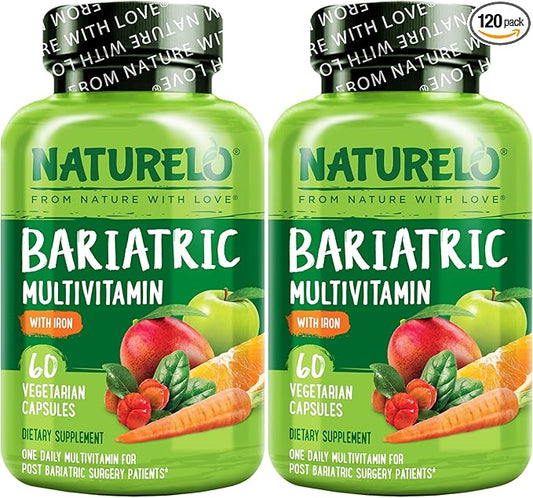 NATURELO Bariatric Multivitamin - One Daily with Iron - Supplement for Post Gastric Bypass Surgery Patients - Natural Whole Food Nutrition - 60 Veggie Capsules (Pack of 2)