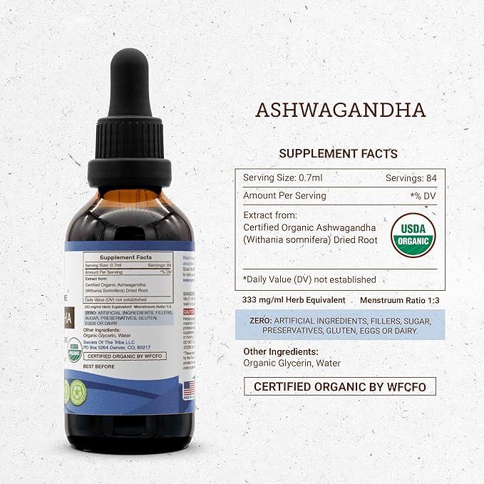 Secrets of the Tribe Ashwagandha USDA Organic Tincture Alcohol-Free Extract, Ashwagandha Withania Somnifera Anti-Stress and Relaxation (2 FL OZ)