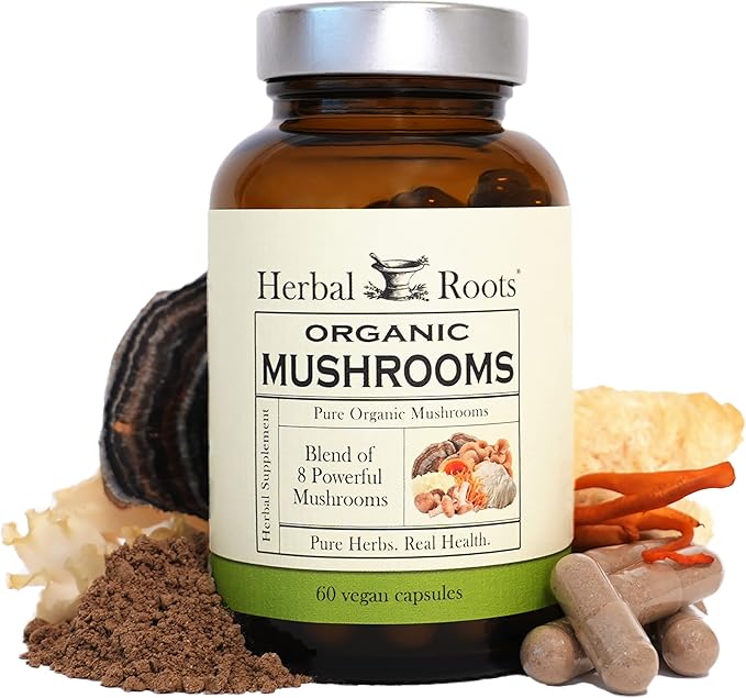 Herbal Roots Mushroom Supplement Capsules | Blend of 8 Organic Mushrooms | Turkey Tail, Lion’s Mane, Shiitake, Cordyceps, Reishi, Chaga, Maitake, Snow | 60 Vegan Capsules