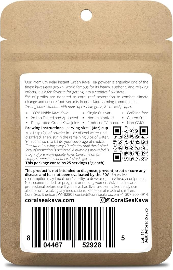 Volcano Island’s Secret - Kelai Instant Kava Powder from Vanuatu - Stress Release & Mood Support - 25 Servings Easy Mix 30:1 Noble Kava Juice Extract