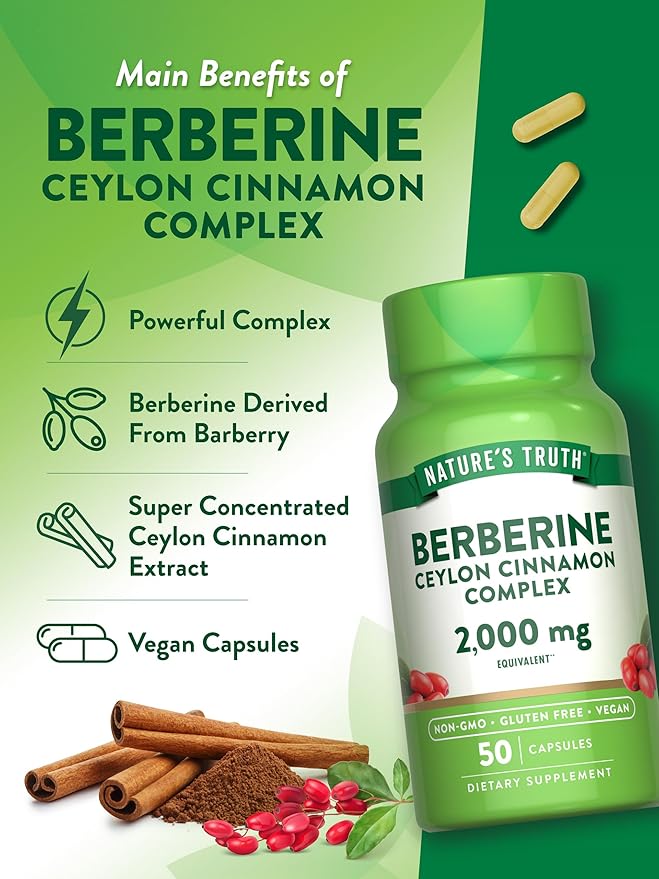 Nature's Truth Berberine with Ceylon Cinnamon Complex | 2,000mg | 50 Vegan Capsules | Vegan, Non-GMO, and Gluten Free Supplement