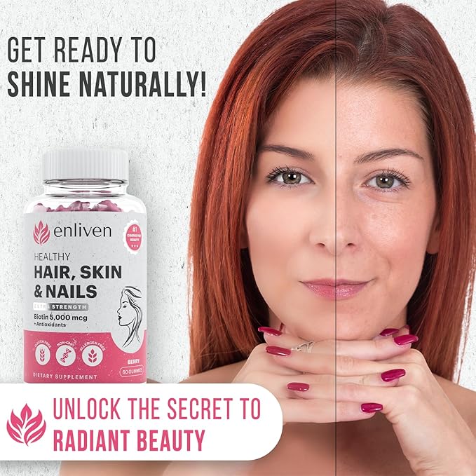 enliven Biotin Hair Skin and Nail Vitamins | Biotin Gummies 5000mcg + for Hair Growth, Skin Care, and Stronger Nails | Berry Flavor (60 Gummies)