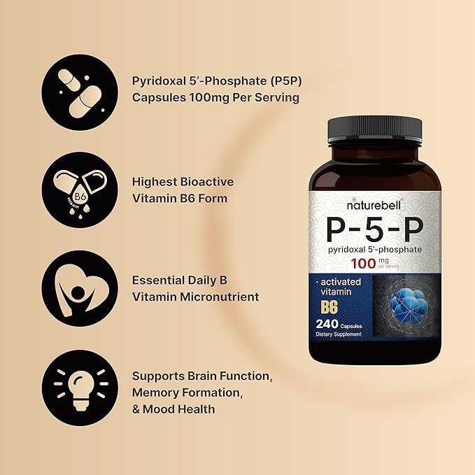 NatureBell P5P Vitamin B6 100mg Per Serving, 240 Capsules | Activated Pyridoxal 5 Phosphate Supplements – Essential B Vitamins for Brain & Memory Health – Non-GMO
