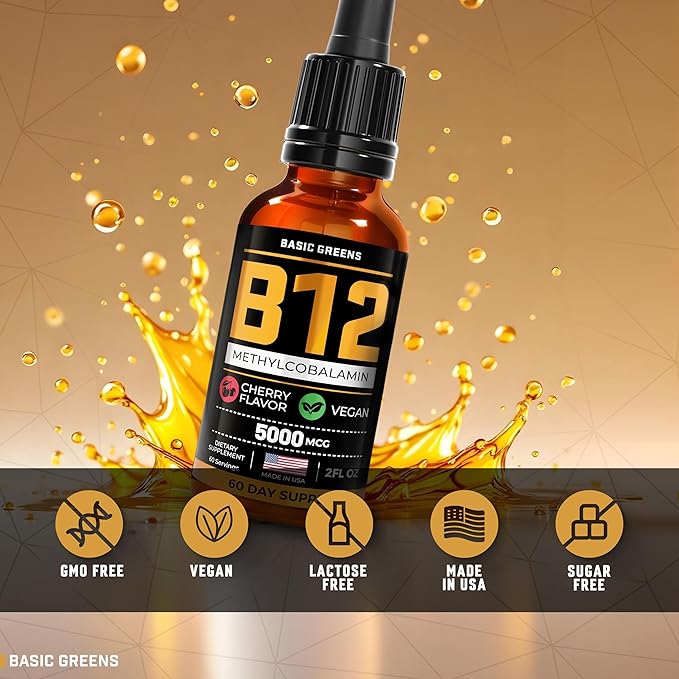 Vitamin B12 Sublingual (Vegan) 2 Fl Oz - Methylcobalamin B12 Vitamins 5000 mcg, B12 Liquid Drops, Methyl B12, Cherry Flavor