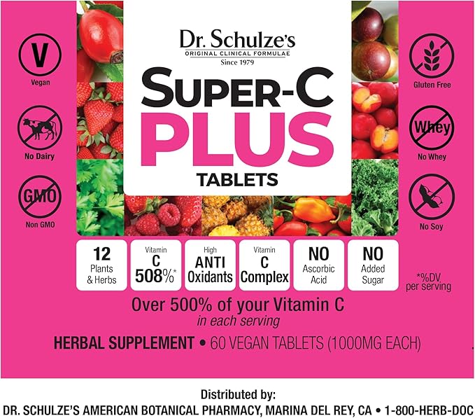 Dr. Schulze's | Super-C Plus | Vitamin C Complex | Clinical Herbal Formula | Dietary Supplement | Immunity Support | Increase Collagen Formation & Iron Absorption | 60 Chewable Tablets (1000 mg)