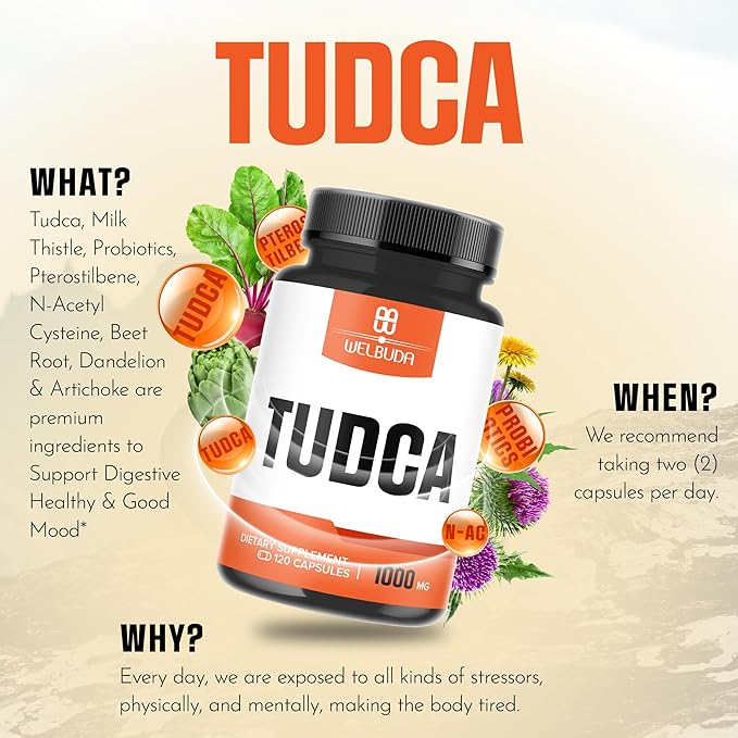 8in1 Tudca 1000mg Supplement - 120 Capsules for 2 Months - Extra Strength with Milk Thistle, Probiotics, Beet Root, Dandelion & More - Support for Immune System, Digestion Health & Brain Health