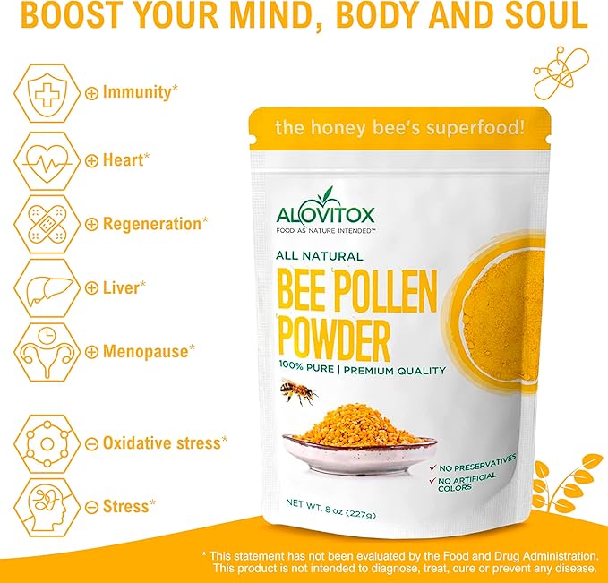Alovitox Bee Pollen Powder | 100% Pure, Natural Raw Bee Pollen - Antioxidants, Proteins, Vitamins B6, B12, C and A, Amino Acids and More | Non-GMO, Vegan | 8z