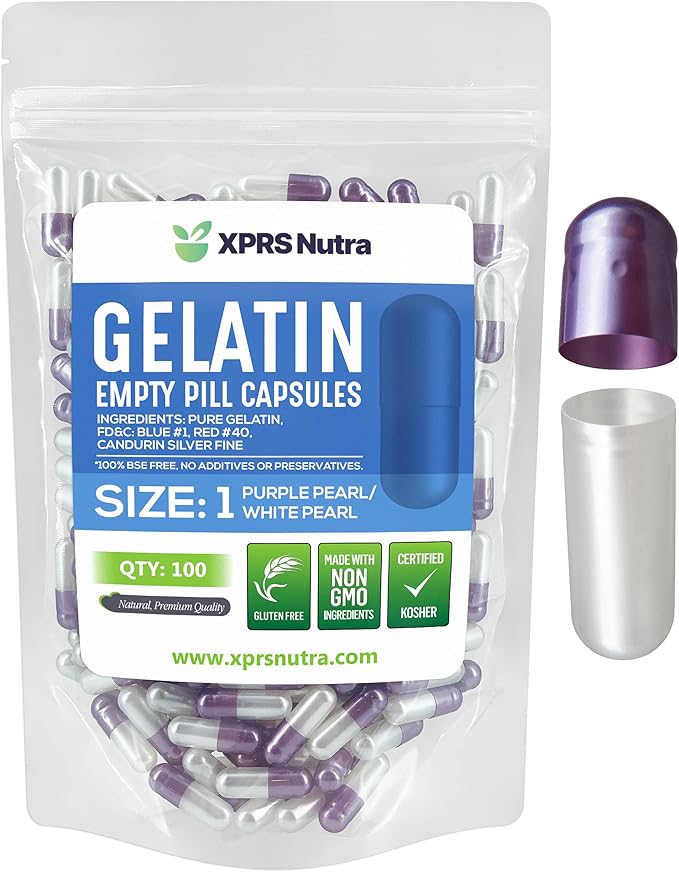 XPRS Nutra Size 1 Empty Capsules - 100 Count Empty Gelatin Capsules - Empty Pill Capsules - DIY Capsule Filling - Pure Bovine Pill Capsules Empty Gel Caps (Pearl Purple/White)
