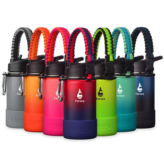 Farsea Insulated Water Bottle With Paracord Handle, Protective Silicone Boot and 2 Lids (Straw Lid & Spout Lid), Stainless Steel Water Bottle Wide Mouth, Double Wall Sweat-Proof BPA-Free,12 oz