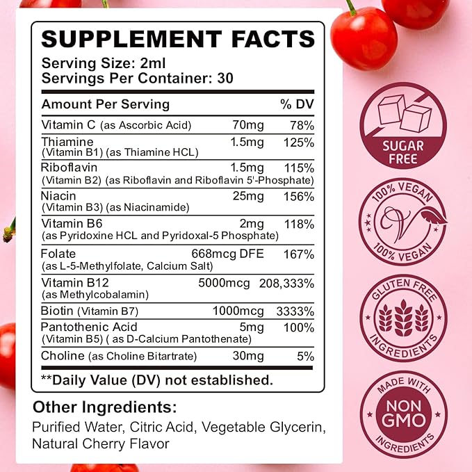 Vitamin B Complex Liquid Drops, B Vitamins Complex Supplement with B1, B2, B3, B5 B6, B7, B9 & Methyl B12 Drops for Adults & Kids, Vegan, Cherry Flavor