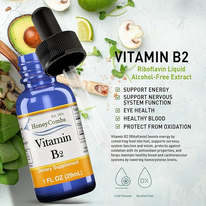 HoneyCombs Vitamin B2 Riboflavin Supplement Liquid Drops - High Potency Vitamin B2 for Men & Women - Maintain Healthy Digestion, Nervous System, Hair, Skin, Nails - Vegan Liquid Vitamins (1 Fl oz)
