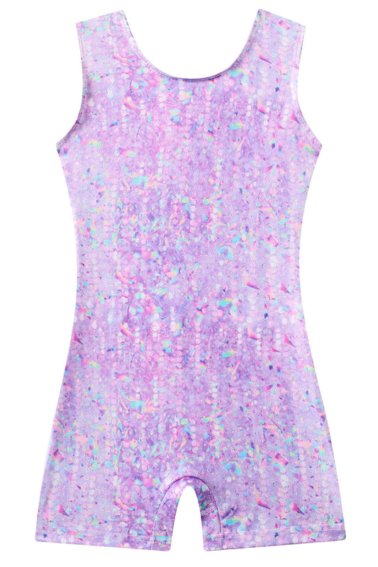 Funnycokid Gymnastics Leotards for Girls Dance Outfits Unitard Sparkly Clothes with Shorts, Purple 03, 5-6 Years