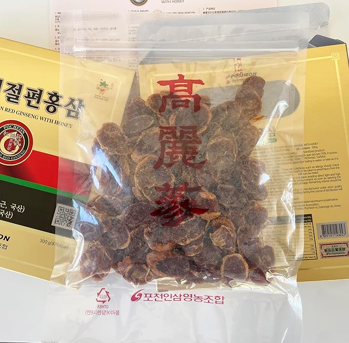 Pocheon 300g(10.6oz) 6Years Korean Panax Red Ginseng Slice with Honey, Saponin, Natural Immune Support