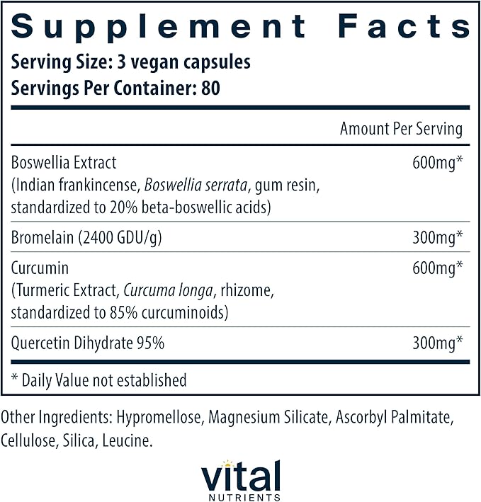 Vital Nutrients BCQ | Vegan Boswellia, Bromelain, Curcumin & Quercetin Supplement | Joint Support Supplement | Supports Sinus & Digestive Health | Gluten, Dairy, Soy Free | 240 Capsules