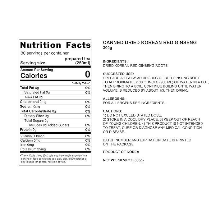 Pocheon 300g(10.6oz) Korean Canned Dried Panax Red Ginseng 6 Years Cut Grade 300-Small (34 Roots), Natural Immune Support