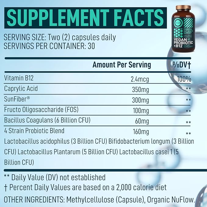 Vegan Probiotic Plus B12-22 Billion CFU Synbiotics Prebiotics and Probiotics for Digestive Health, IBS, Mood Support - B12 with FOS Pre Pro Post Biotics for Women & Men - 60 Gluten-Free Capsules