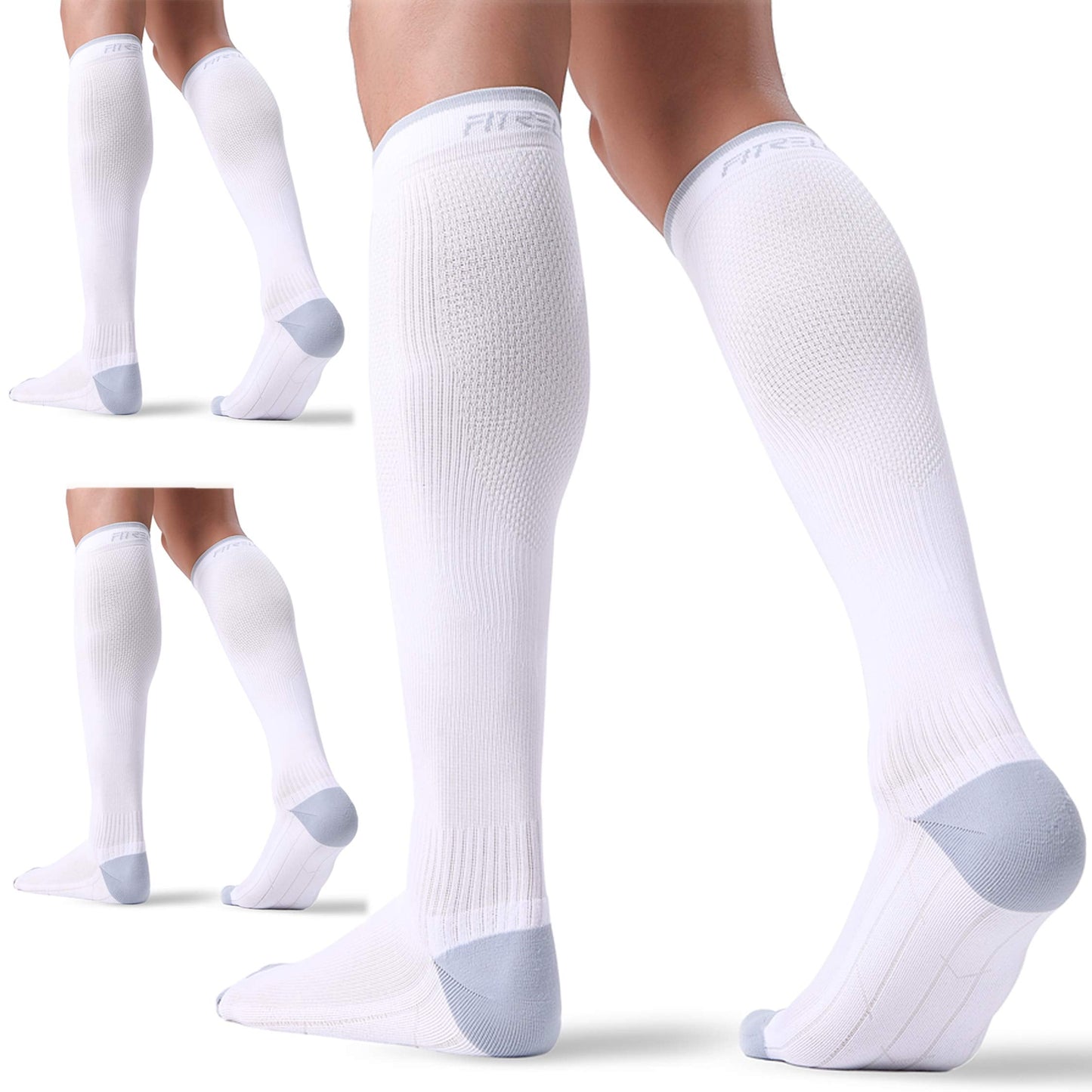 FITRELL 3 Pairs Compression Socks for Women and Men 20-30mmHg- Circulation and Muscle Support Socks for Travel, Running, Nurse, Knee High Socks, WHITE S/M