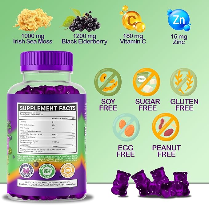 Sea Moss Gummies & Elderberry - Vitamin C + Zinc – Extra Strength Immune & Thyroid Support Booster Gummy Bears for Kids & Adults - 60 Seamoss Gummies - Made in The USA