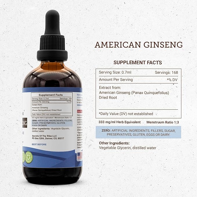 Secrets of the Tribe American Ginseng Tincture Alcohol-Free Extract, Farm Grown American Ginseng (Panax Quinquefolius) Dried Root Tincture Supplement (4 FL OZ)