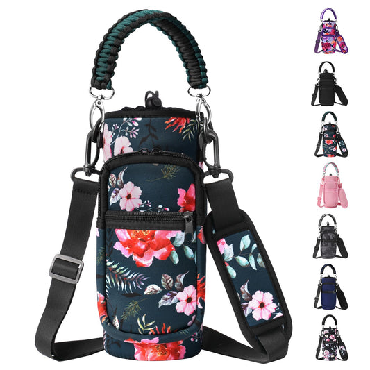 AceTreker 32 oz 40 oz Water Bottle Sleeve, Neoprene Insulated Water Bottle Sling Holder Bag with Adjustable Shoulder Strap & Paracord Handle for Men Women Walking Wild Rose