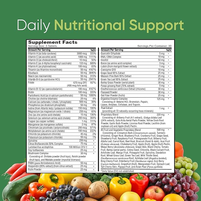 Vibrant Life Multivitamin with Probiotics, Digestive Enzymes & B-Complex – Over 45 Fruits and Veggies, Non-GMO, Gluten-Free, Daily Vitamins & Minerals for Men & Women (30-Day Supply)