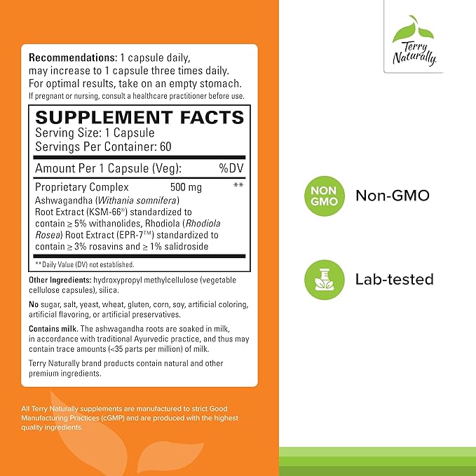 Terry Naturally Adaptra - Supplement to Support Adrenal Health - Ashwagandha Supplement with Rhodiola Rosea Extract - Herbal Supplement to Support Energy & Concentration - 60 Capsules (Pack of 2)