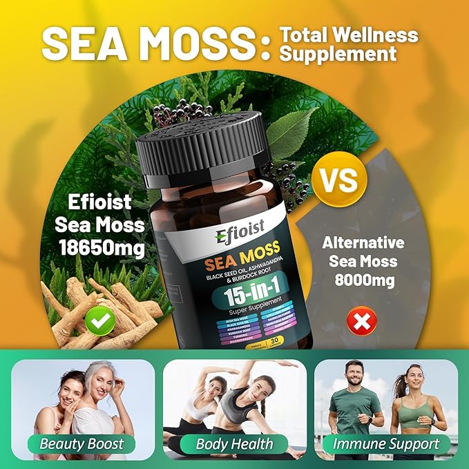 Sea Moss Black Seed Oil Ashwagandha Ginger & Burdock Root Turmeric Bladderwrack Chlorophyll ACV Supplement 30 Count