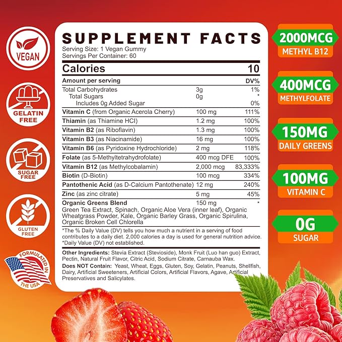 Vitamin B-Complex Gummy Supplements, with Vitamin B12, B7 as Biotin, B6, B3 as Niacin, B5, B6, B8, B9, VC, Zinc for Stress, Healthy Immune System and Energy - Sugar Free, Vegan, 120 Count